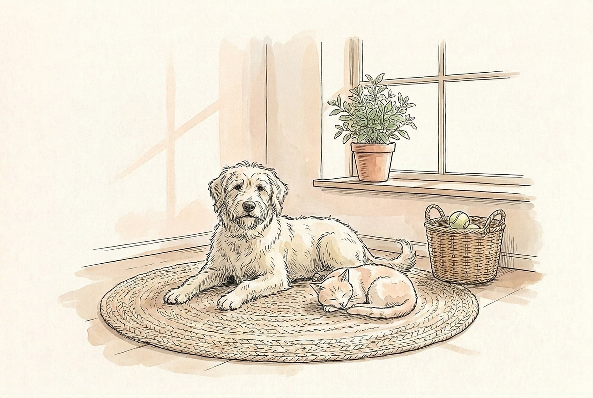 Tuschezeichnung mit Aquarell: ein zotteliger Hund und eine schlafende Katze auf einem runden Teppich am Fenster