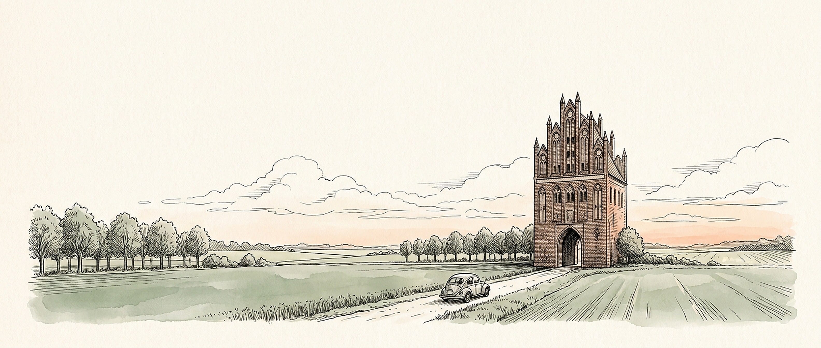 Tuschezeichnung mit Aquarell: das Uenglinger Tor in Stendal an einer Landstraße durch Felder, davor ein kleines Auto